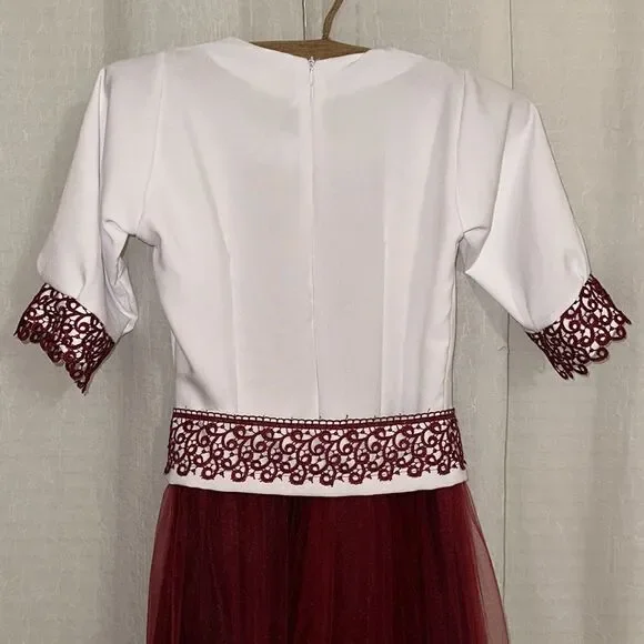 Girl 14-16 Embroidered White Burgundy Tulle Lace Short Sl Folk Formal Dress - Picture 4 of 16